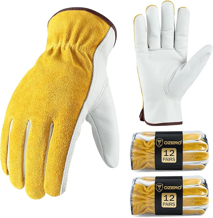 OZERO Leather Work Gloves for Men & Women, 24 Pairs Bulk Genuine Cowhide Garden Gloves, Lab Tested EN388 2143X, Flexible Grip, Breathable Unlined Comfort, Elastic Wrist (Gold/Light Cyan, X-Large)