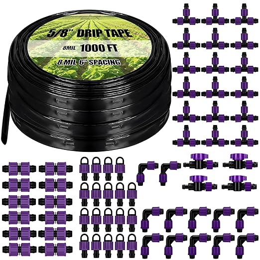 Tondiamo 1000' 5/8 Inch Drip Tape Irrigation Tubing Kit 8 Mil 6" Spacing Garden Hose Watering Tube Line Automatic Equipment for Garden Irrigation System Farms, Landscape, Lawn