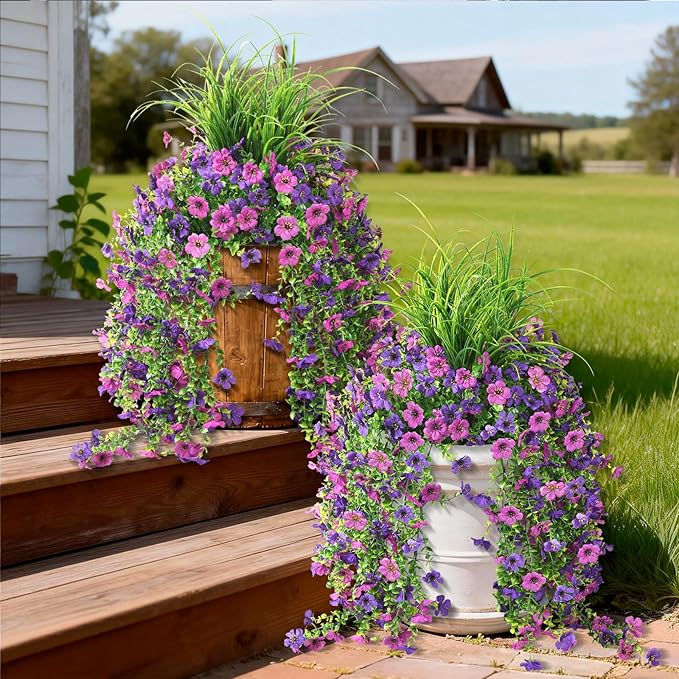 Hommyea Artificial Hanging Flowers for Outdoors with Wheat Grass, 5 Pcs Fake Hanging Plants for Spring Decor, UV Resistant Faux Silk Flower Greenry for Planter Porch Patio Yard Garden(Double Purple)