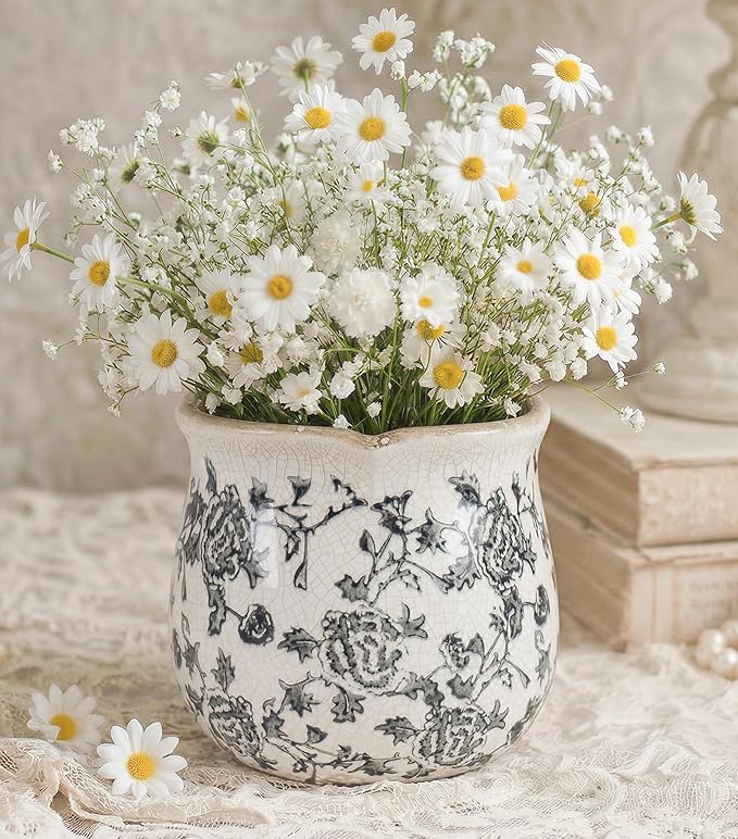 DREAMLOOM Vintage Ceramic Planter for Indoor Plants,6.1" Ice Crack Cottage Scroll Vase Tuscan Decor Flower Pots with Drainage Holes Home Kitchen Farmhouse Antique Decorative Gift (Grey-Corrugated)