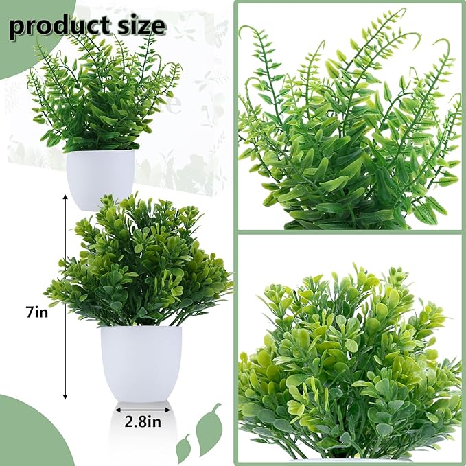 GREENTIME 2 Pack Small Fake Potted Plants for Home Decor Faux Eucalyptus Plant in White Pot Artificial Mini Fern Greenery for Bathroom Shelf Indoor Office Desk Living Room Kitchen Decorations