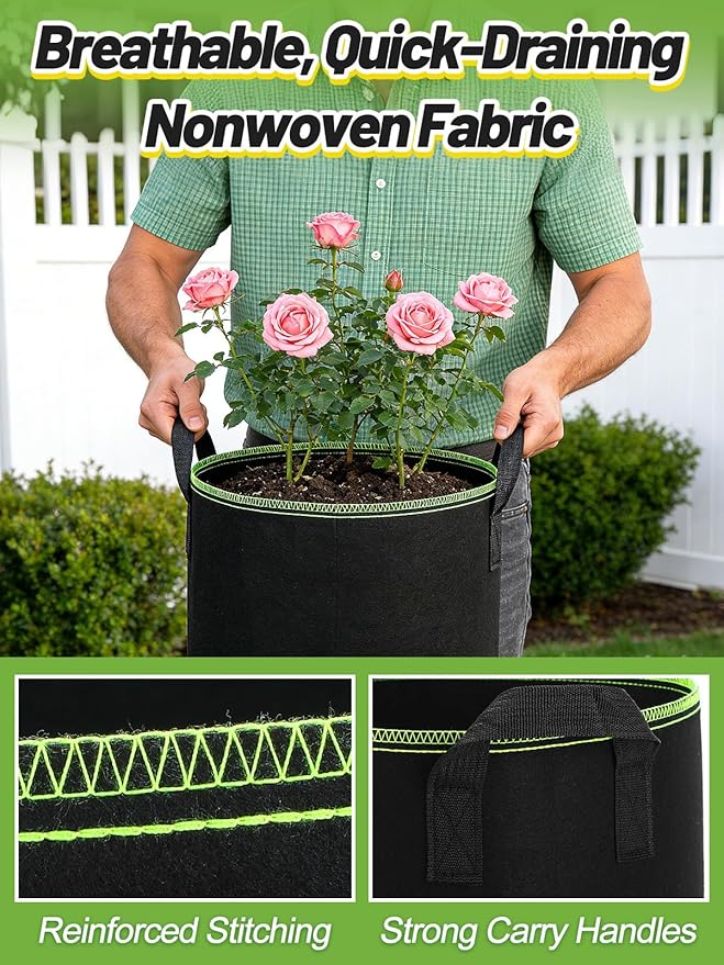 2Pack Self Watering Grow Bags with Pots Base - 5 Gallon Automatic Watering Planter Saucer with Wick Cord, Thick Fabric Vegetables Plants Pots with Handles for Indoor, Outdoor, Greenhouse, Garden