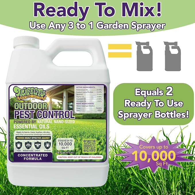 Trifecta Natural Outdoor Pest Control Yard Spray with Essential Oils | Mosquito, Ant, Flea, Tick, Gnat Killer on Contact & Repellent Treatment for Insects Bugs | Safe Around Kids & Pets | 16oz Conc