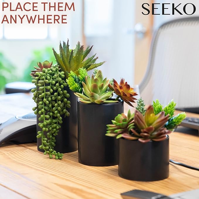 Fake Succulents Plants Artificial in Premium Ceramic Pots (3 Pack Assorted) Realistic Faux Succulents for Bathroom, Home & Office Décor