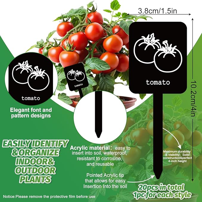 Whaline 20Pcs Acrylic Vegetable Plant Label Signs 20 Styles Garden Markers Waterproof Black Plant Stake Tags with Names for Nursery Indoor Outdoor Garden Decor