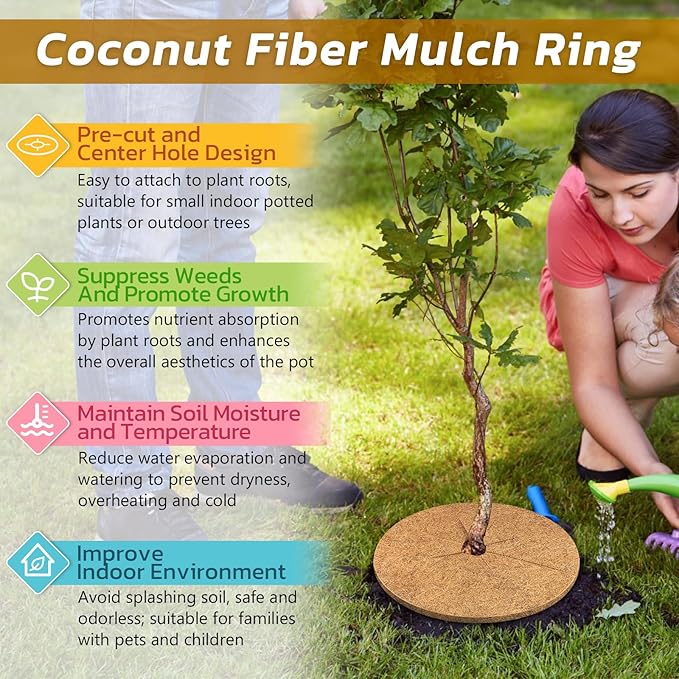 Legigo 10pcs Coconut Fiber Mulch Ring Tree Plant Protector Mat, 11.8 Inch Natural Coco Coir Tree Mulch Ring Plant Pot Soil Cover, Tree Rings Disc Plant Cover for Indoor Outdoor Plants, Landscaping