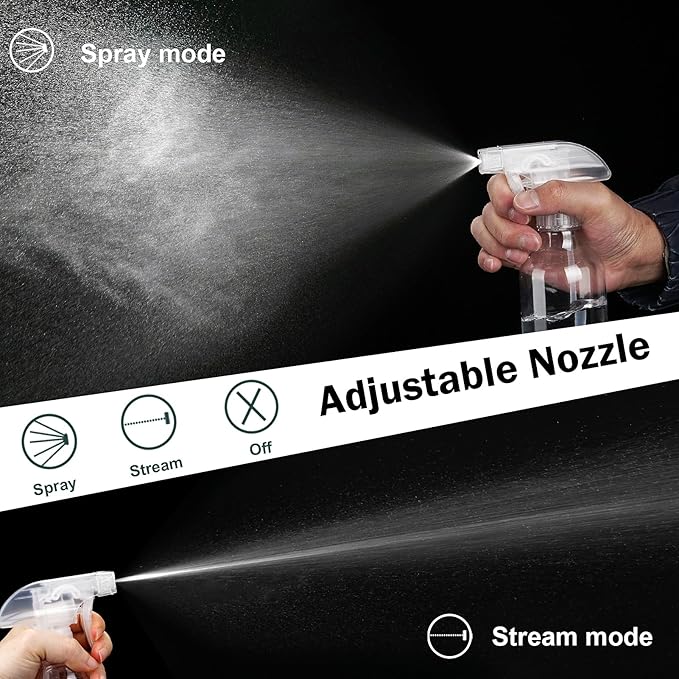 Plastic Spray Bottles 12oz 2 Pack Adjustable Mist/Stream Spraying Heavy Duty Square Water Spray Bottles for Hair, Cleaning Solutions, Plants，Essential Oils (Clear)
