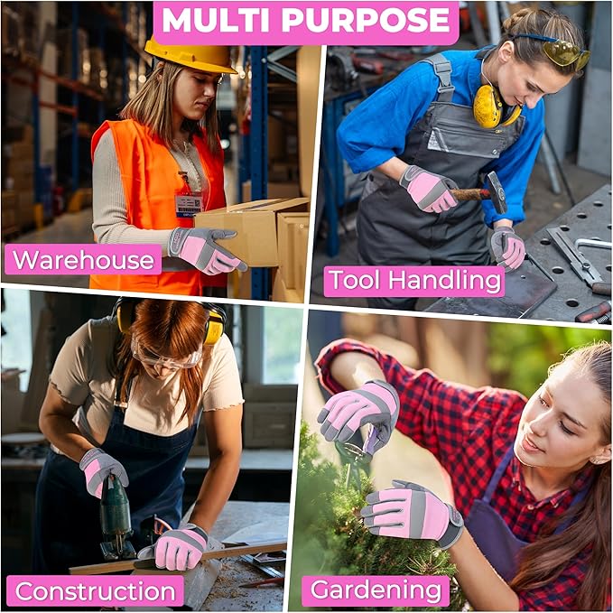 HANDLANDY Work Gloves for Women, Breathable Leather Gardening Glove for Yard Maintenance, Hand Protection with Touch Screen