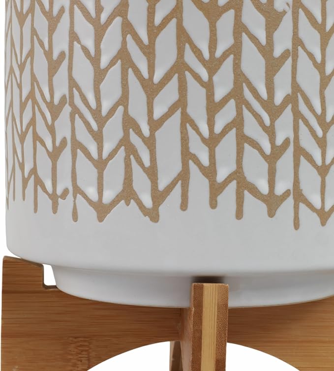 Sagebrook Home Set of 2 Ceramic Planters with Stands - Stoneware Pots with Bamboo Wood Base - Modern Geometric Design for Indoor/Outdoor Plants - Plant Holders for Home & Garden - 11", 7" Ivory & Tan