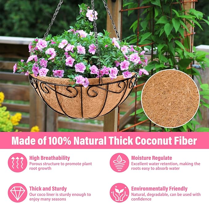 Legigo 6 Pack 14 Inch Metal Hanging Baskets for Plants Outdoor- Round Wire Hanging Planters Basket with Coconut Coir Liner, Hanging Flower Pot for Outdoor Plants Flowers Garden Decorations