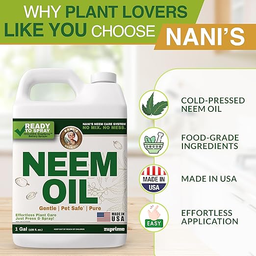 Nani’s Neem Oil Spray for Plants with SnapSpray (1 Gallon) - Ready-to-Use, Made from 100% Cold-Pressed Organic Neem Oil for Plants - Indoor & Outdoor Use for Healthier Horticultural Growth