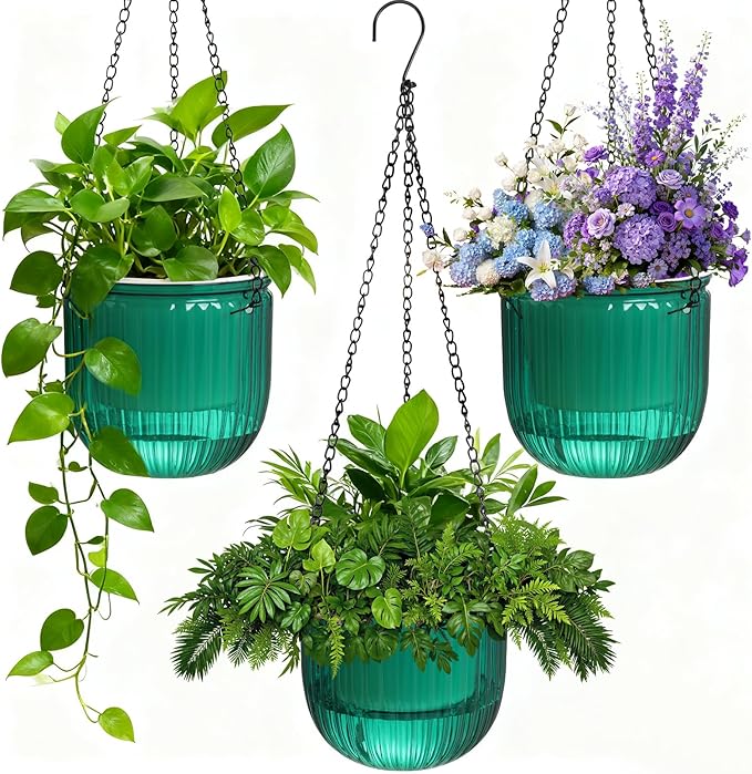 Hanging Planters for Indoor Plants, Small Self Watering Planters 3 Pack, 6.5 Inch Clear Plastic Flower Pot Outdoor, Metal Chain, Drainage Hole for Home Garden Porch Balcony Patio Window Decor