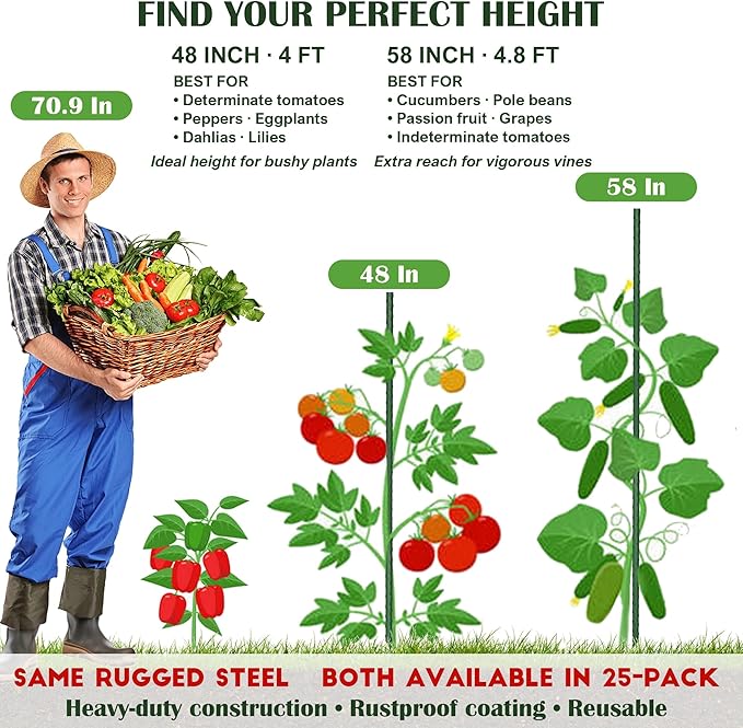 FORUP Garden Stakes, 25 Pack Steel Plant Stakes with Plastic Coating for Climbing Plants, Tomato Eggplant Bean Support, Rust-Resistant Outdoor Garden Stakes (48 Inch)