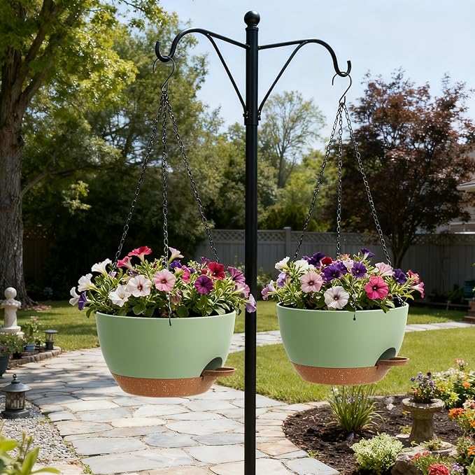 UOUZ 13 Inch 2 Pack Large Self Watering Hanging Planters for Indoor Outdoor Plants, Hanging Plant Pots with Removable 50 Oz Reservoir, Plastic Hanging Basket for Window Porch Garden, Green with Brown
