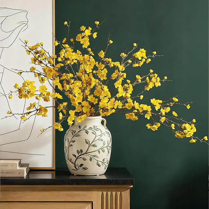 florisso 6 PCS Artificial Cherry Blossom Branches Spring Indoor Decoration, Faux Yellow Silk Flowers 34.45" Long Stems Real Touch Plum Fake Peach Plants for New Year Wedding Home Bedroom Table Office