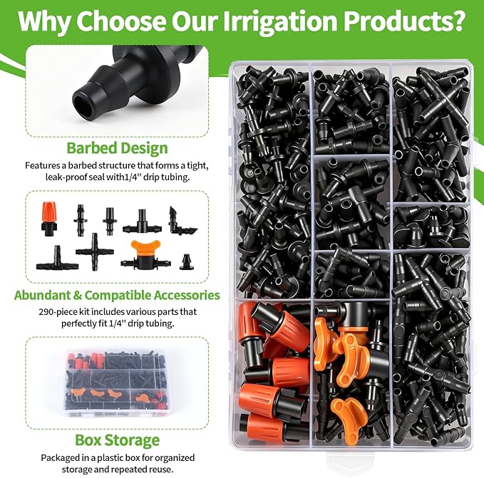 RedChili 290 Pack Drip Irrigation Fittings Kit for 1/4" Tubing, Complete Set with Barbed Connectors (Misting Nozzles, Flat Tees, Single Barbs, Valves, Couplings, Valves, Tees, Elbows, Plugs, Crosses)