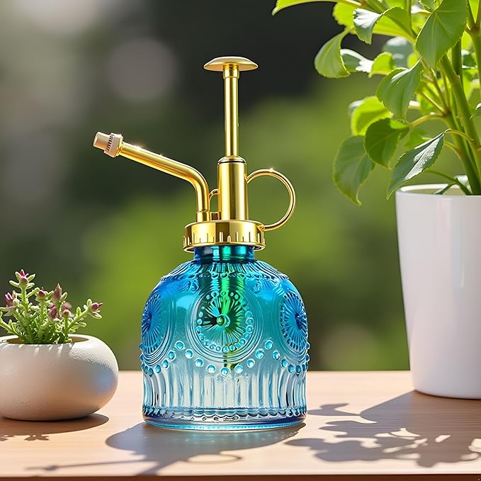 Glass Plant Mister Spray Bottle, 230ML Vintage Plant Spritzer, Succulent Watering Bottle Glass with Top Pump, Small Plants Sprayer Watering Can for Indoor Outdoor House(Blue and White)