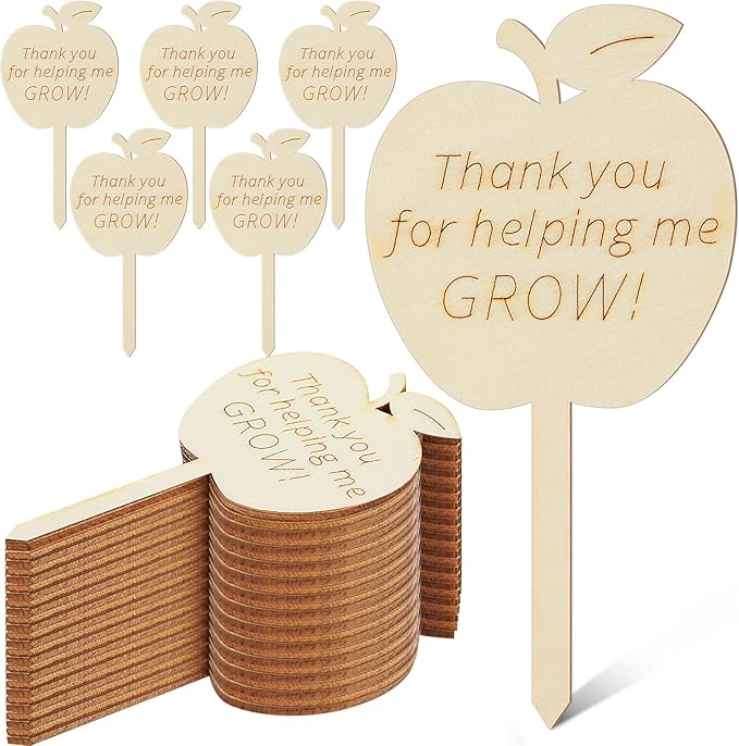 Sieral 50 Pcs Wooden Teacher Appreciation Plant Tags Sign, Thank You for Helping Me Grow, Apple Shape Plant Tags, Grow Succulent Gift Card Graduation Gifts Stakes Labels Garden for Baby Shower
