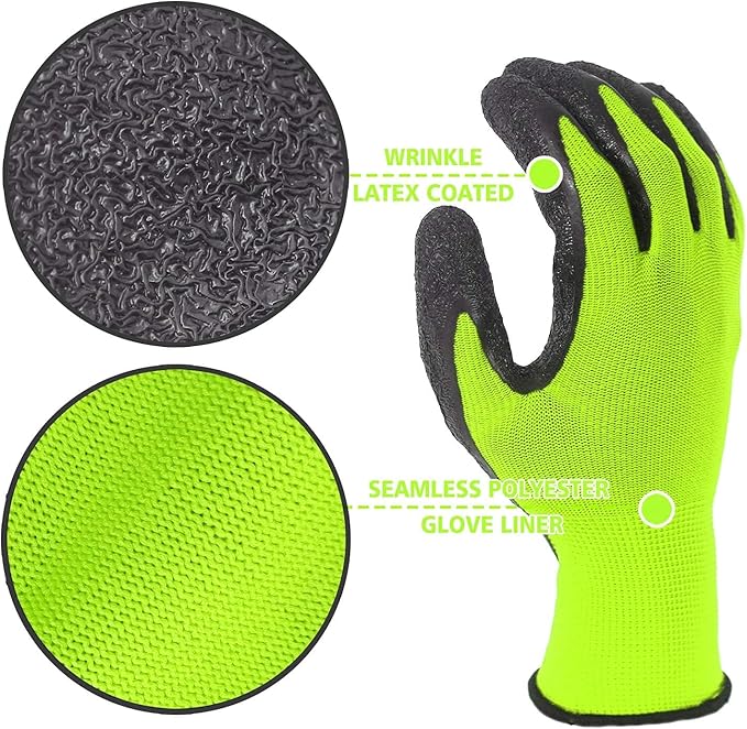 Evridwear Crinkle Latex Rubber Hand Coated Safety Work Gloves for Men Women General Multi Use Construction Warehouse Gardening Assembly Landscaping,Green XX-Large 120 Pairs Pack