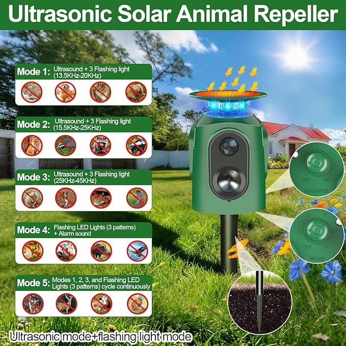 Ultrasonic Animal Repeller Outdoor - Cat Repellent Outdoor & Deer Deterrent with PIR Sensor, Solar Powered for 360° Protection Against Cats, Deer, Squirrels, Raccoons, Rabbits in Garden, Yard, Farm
