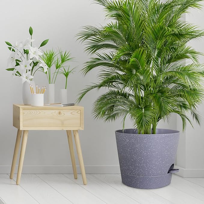 Meowell 12 inch Large Self Watering Pots for Indoor Outdoor Plants, Plant Pots with Mesh Drainage Holes for Garden House Plants, Plastic Planters with Reservoir for Flower, Speckled Grey