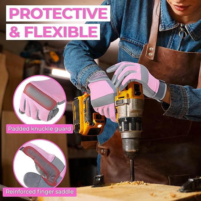 HANDLANDY Work Gloves for Women, Breathable Leather Gardening Glove for Yard Maintenance, Hand Protection with Touch Screen