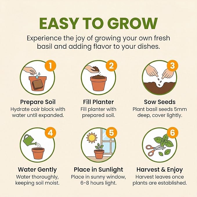 Basil Grow Kit – All-in-One Indoor Herb Garden with Tin Planter, Seeds & Soil, Easy to Grow for Kitchen, Kids, Home, Office, Gift