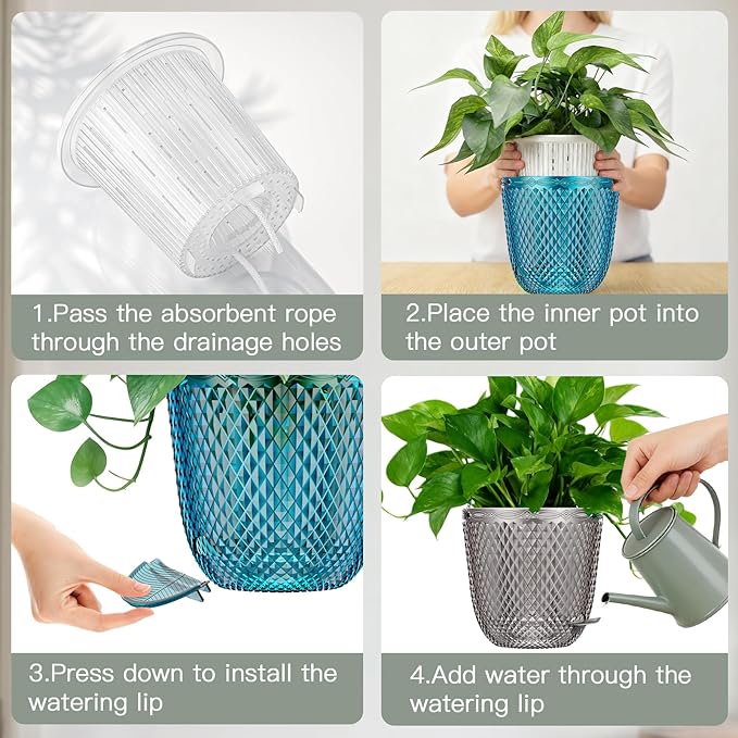 QCQHDU 2-Pack Self Watering Pots, 7.2 Inch Plant Pots with Drainage Holes and Water Filling Port, Garden Planter for Indoor Plants (Klein Blue)
