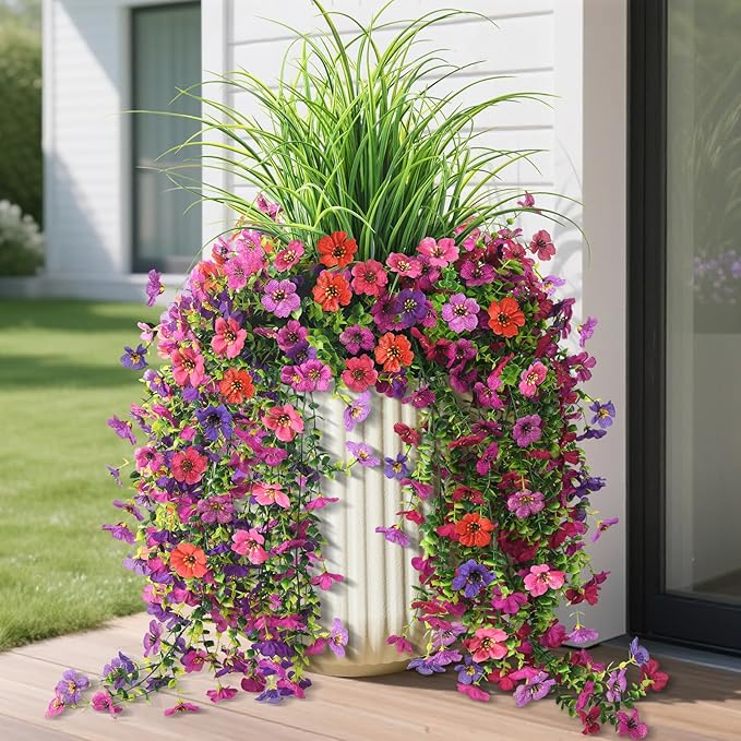 Artificial Hanging Flowers with Wheat Grass for Outdoors, 5 Pcs Fake Hanging Plants for Spring Decor, UV Resistant Faux Silk Flower Greenry for Planter Porch Patio Yard Garden(Mixd Purple Red)