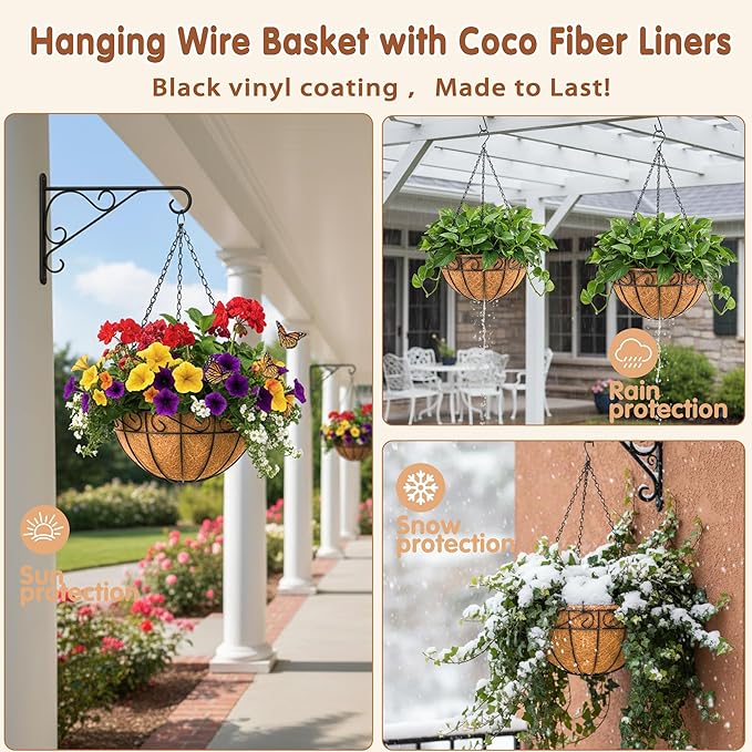 14 inch Metal Hanging Baskets For Plants Outdoor 4 Pack Round Metal Wire Hanging Basket Planter with Coco Fiber Liners Chain Round Wire Plant Holder for Garden, Patio, Deck, Porch Plants Flower Potss