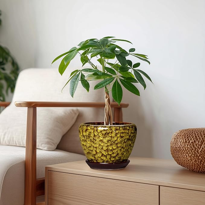6 Inch Ceramic Plant Pots - Ceramic Pots for Plants Indoor Outdoor, Decorative Round Planter with Drainage Hole and Tray, Small Flower Pot, Bedroom Decor, Plant Lover Gifts, Yellow Leopard