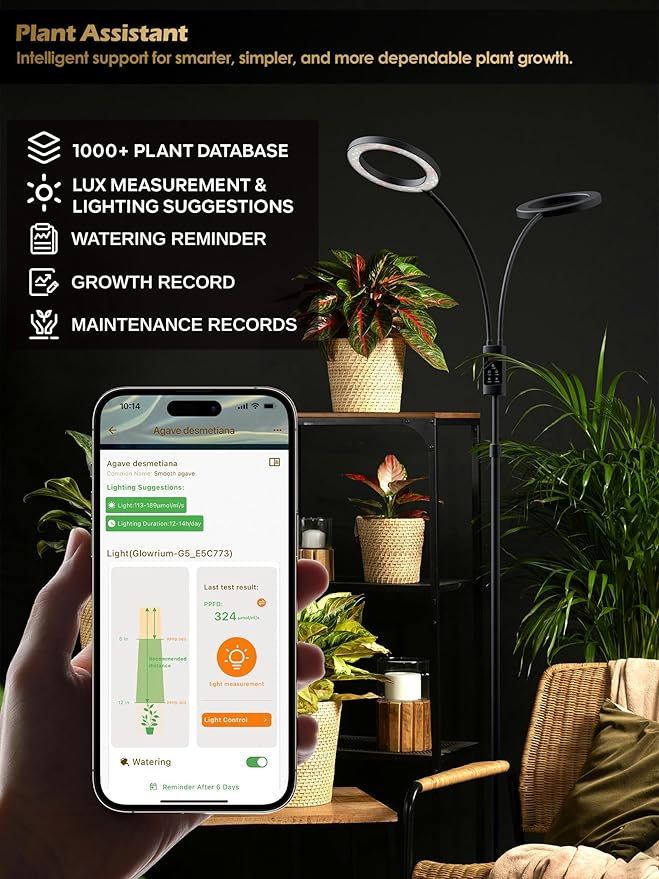 Smart Grow Lights for Indoor Plants, 48W Plant Light with Auto-Timer, Full Spectrum LED Grow Light, Adjustable Height & Stepless Dimming,Plant Assistant Suitable for Most Plants (Black (Dual Heads))