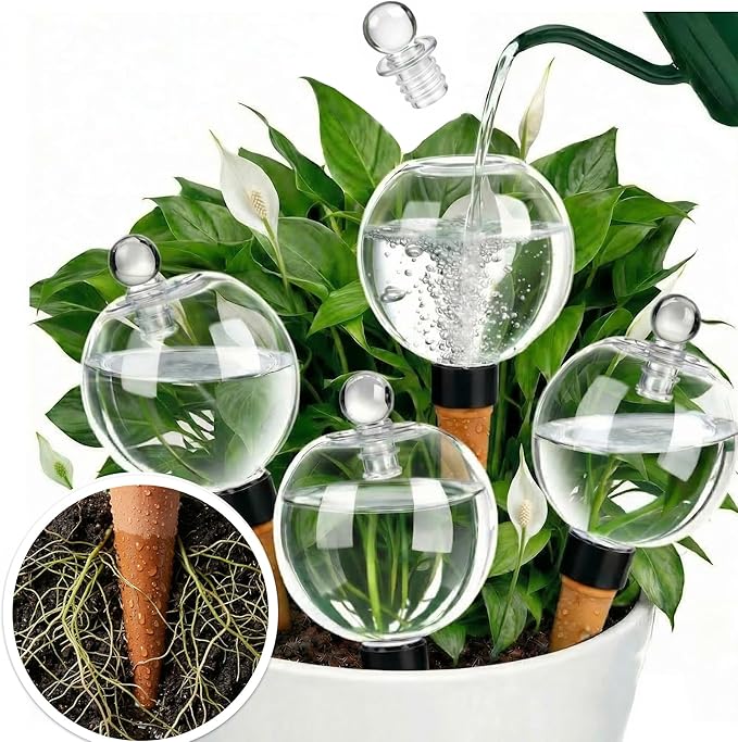 4 Pack 17oz Plant Self Watering Globes – Top Fill Watering Globes, Plastic Water Bulbs with Slow Release Terracotta Planter Insert & Glass Stoppers, Ideal for Vacation & Houseplants