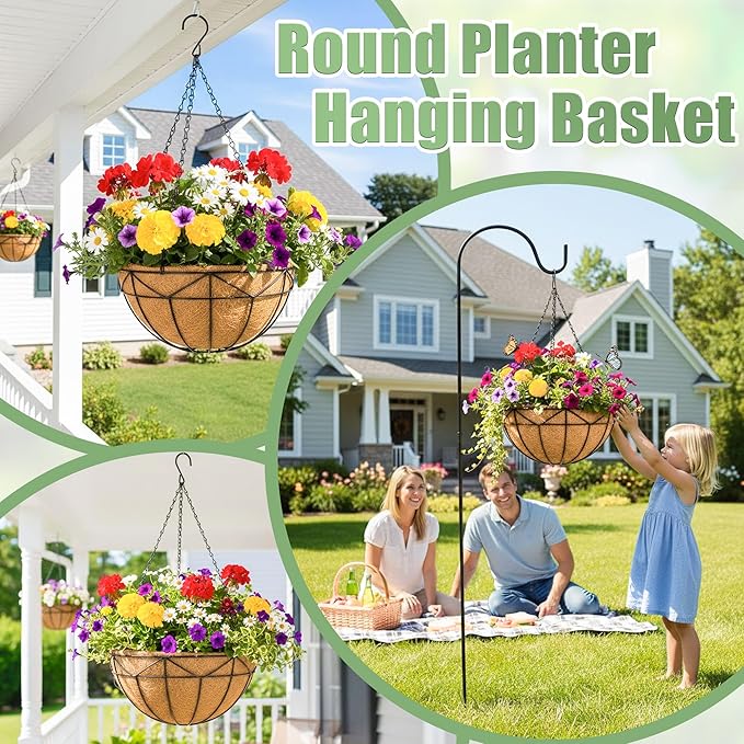 4 Pack 12 Inch Hanging Baskets for Plants Outdoor Metal Hanging Planters Round Hanging Flower Pots with Coco Coir Liner Plant Holder for Outdoor Patio Garden Balcony Decor - Geometric