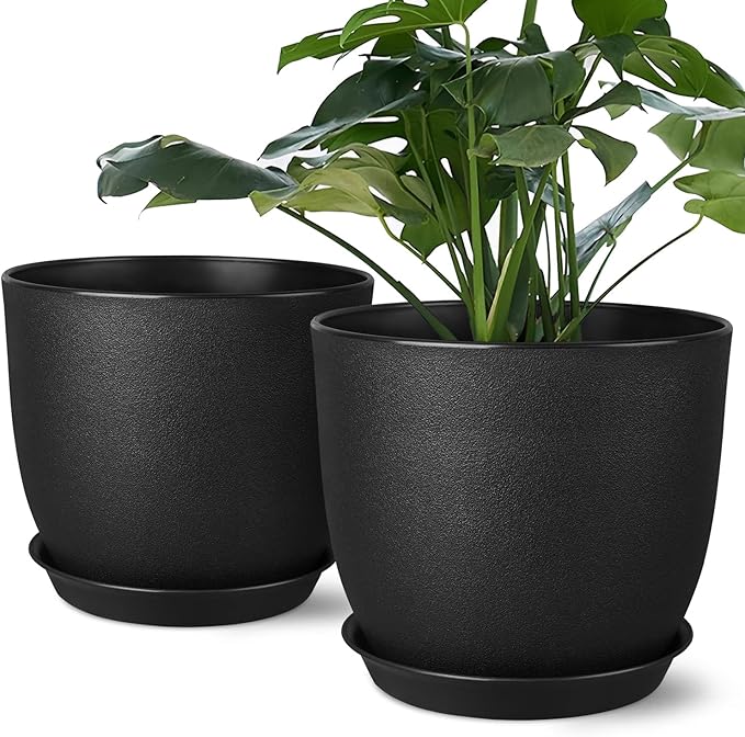 Ferlypote Plant Pots 8 Inch Set of 2, Flower Pots with Multi Mesh Drainage Holes, Planters for Indoor Outdoor Garden Plants and Flowers (Black)