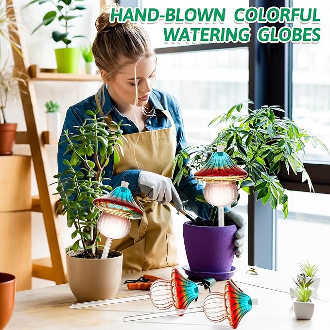 11 oz Large Plant Watering Globes Mushroom, Gradient Color Glass Watering Bulbs, Self Watering Planter Insert, Self Watering Globes - Vacation Plant Watering Devices for Travel (Large 2-Pack)