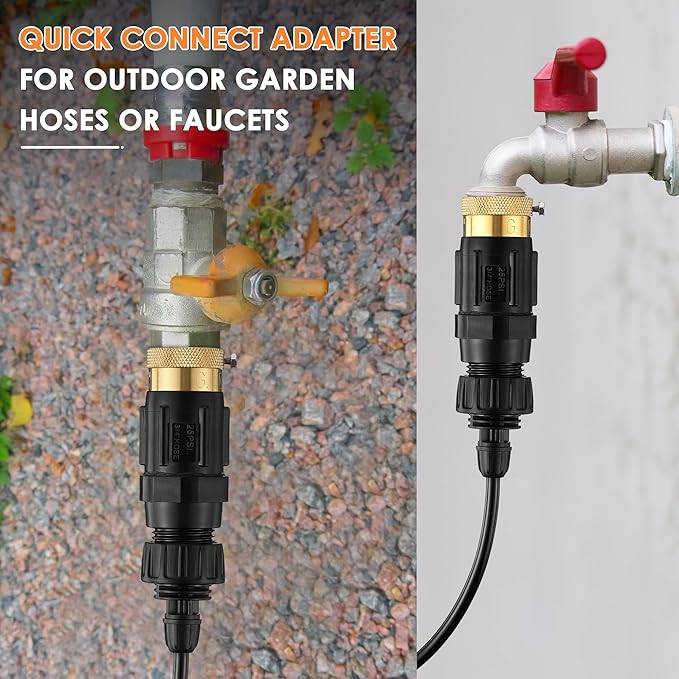 Drip Irrigation Faucet Adapter 25 PSI, 1/4" Tubing Quick Connect to 3/4" Garden Hose with Backflow Preventer, Filter, Tape, Pressure Regulator, Copper Drip Irrigation System Fittings (2 Pack)