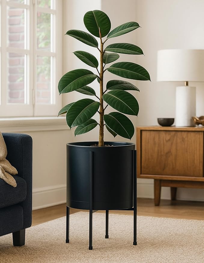 D'vine Dev 12 Inch Black Planter Pot with Stand – Modern Plastic Cylinder Flower Pot with Heavy-Duty Metal Stand for Indoor Plants, 55-D-B-3