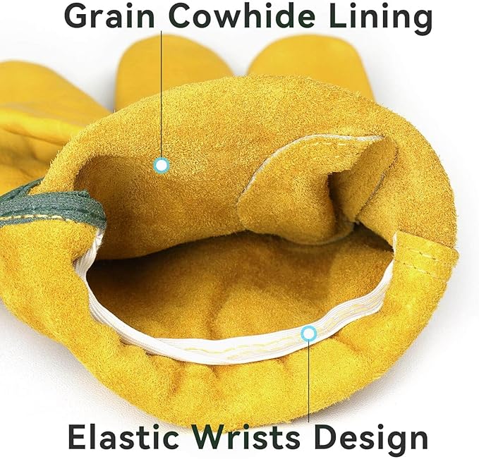 OZERO Leather Work Gloves for Men & Women, 5 Pairs Genuine Cowhide Garden Gloves, Lab Tested EN388 2143X, Flexible Grip, Breathable Unlined Comfort, Elastic Wrist (Gold, Medium)