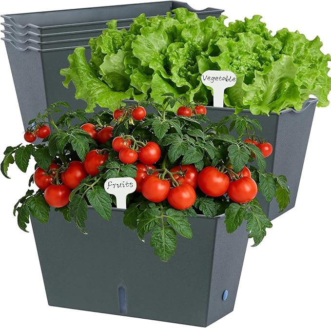 Window Box Planter 6 Pcs, 12.6 Inches Self Watering Rectangle Flower Plant Pots with Drainage Holes & Breathable Trays, Vegetable Planters for Windowsill Patio Garden Balcony Porch Yard (Dark Green)