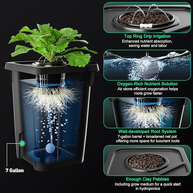4 Buckets DWC Hydroponics Growing System with Top Drip Kit 7 Gallon Deep Water Culture Bucket System with Air Pump, Air Stone, Air Hose, Recirculating Drip Garden System