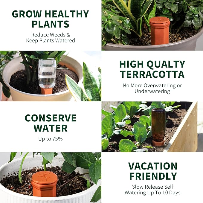 Soilagua Large Terracotta Watering Spikes with Lids, Automatic Plant Waterer Outdoor | Indoor, Vacation Friendly Clay Plant Watering Devices System, Slow Release Self Watering Planter Insert, 4 Pack