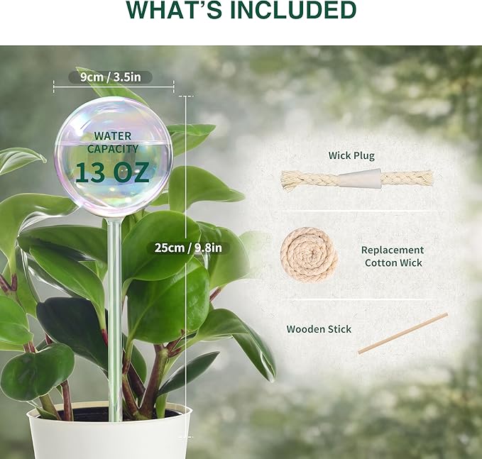 Soilagua 13 oz Extra Large Wick-Controlled Plant Watering Globes, Self Watering Globes for Everyday and Vacation Use, Iridescent Glass Water Bulbs, Automatic Plant Waterer, 4 Pack
