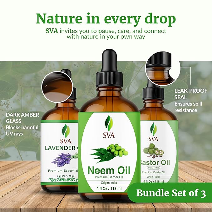 SVA Neem, Lavender and Castor Oil 4 oz Bundle Super Saver Combo – Premium Grade Bundle Set for Hair Oiling, Scalp Massage, Hair Care, Face, Skin Care and Body Massage