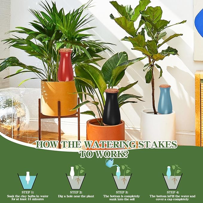 4 Packs Ollas Plant Watering Globes, 12 Oz Terracotta Self Watering Planter Insert, Automatic Watering Devices, Clay Drip Irrigation Stake for Indoor & Outdoor Plant, 1 Week Easy to Refill(Multicolor)