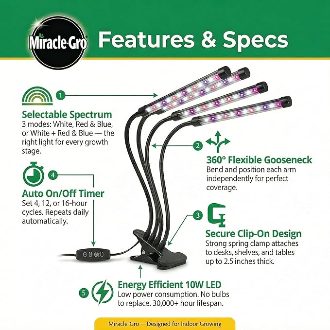 Miracle-Gro LED Grow Light for Indoor Plants 4-Head | Selectable Spectrum Clip On Plant Light with Timer & Dimmable Modes | Flexible Gooseneck Lamp for Seed Starting, Succulents, Herbs & House Plants