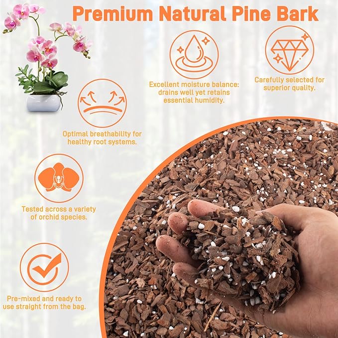 3QT Orchid Bark Potting Mix, Natural Orchid Potting Mix for Repotting, Blended with Small Pine Bark and Perlite to Provide Ideal Ventilation and Good Drainage for Orchids and Other Potted Plants