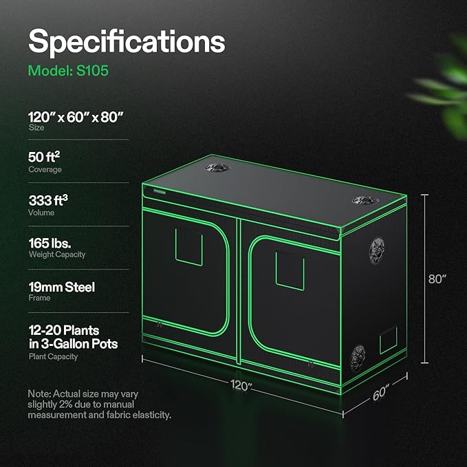 VIVOSUN S105 10x5 Grow Tent, 120"x60"x80" High Reflective Mylar with Observation Window and Floor Tray for Hydroponics Indoor Plant for VSF6450