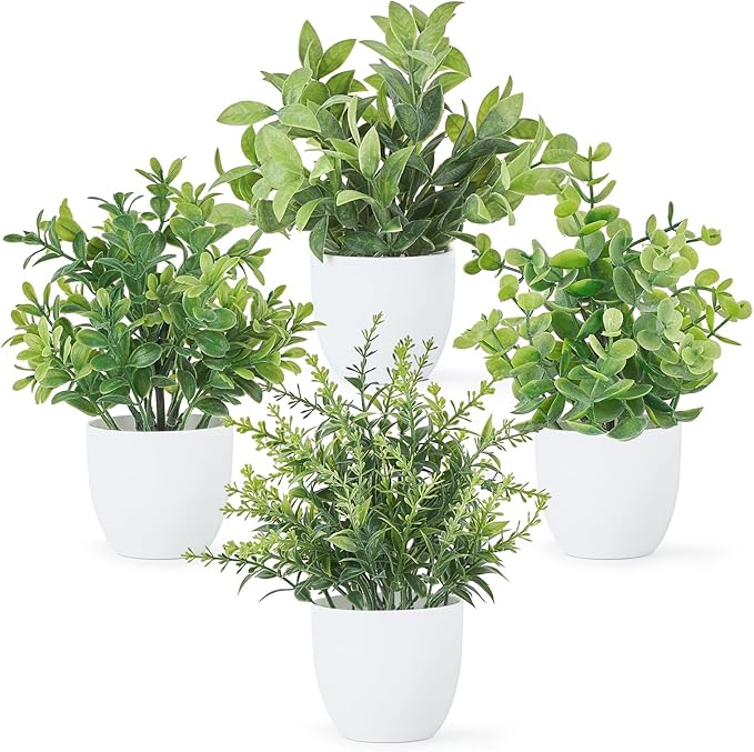 Mkono 4 Packs Fake Plants Mini Artificial Greenery Potted Plants Faux Eucalyptus for Spring Decor Home Indoor Office Table Shelf Room Bathroom Farmhouse Decor (White)