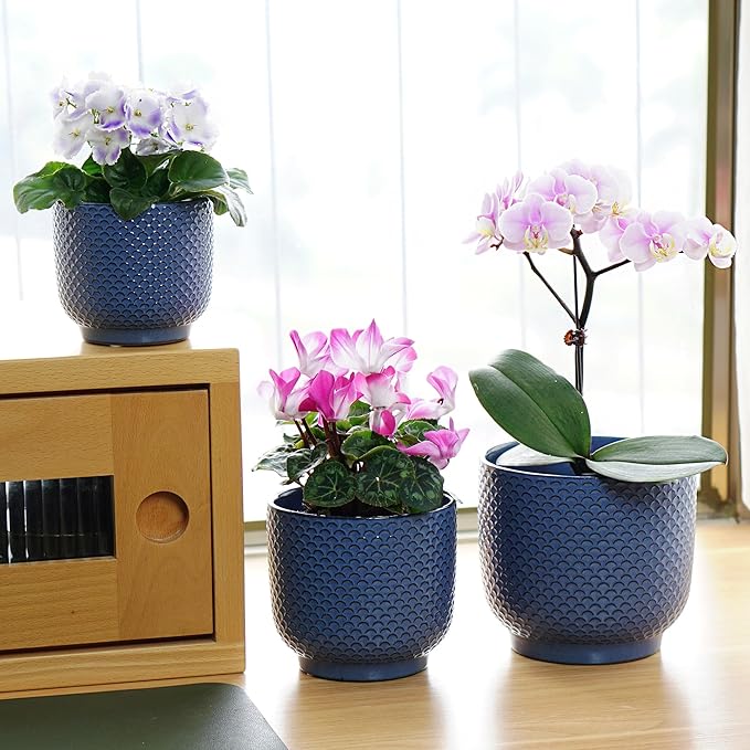 4 + 5 + 6 Inch Ceramic Pots for Indoor Plants, Succulents Plant Pots, Orchid Flower Pot with Drainage Hole, Modern Clay Stoneware Planters, Set of 3 (Dusty Blue, 4+5+6 Inch)